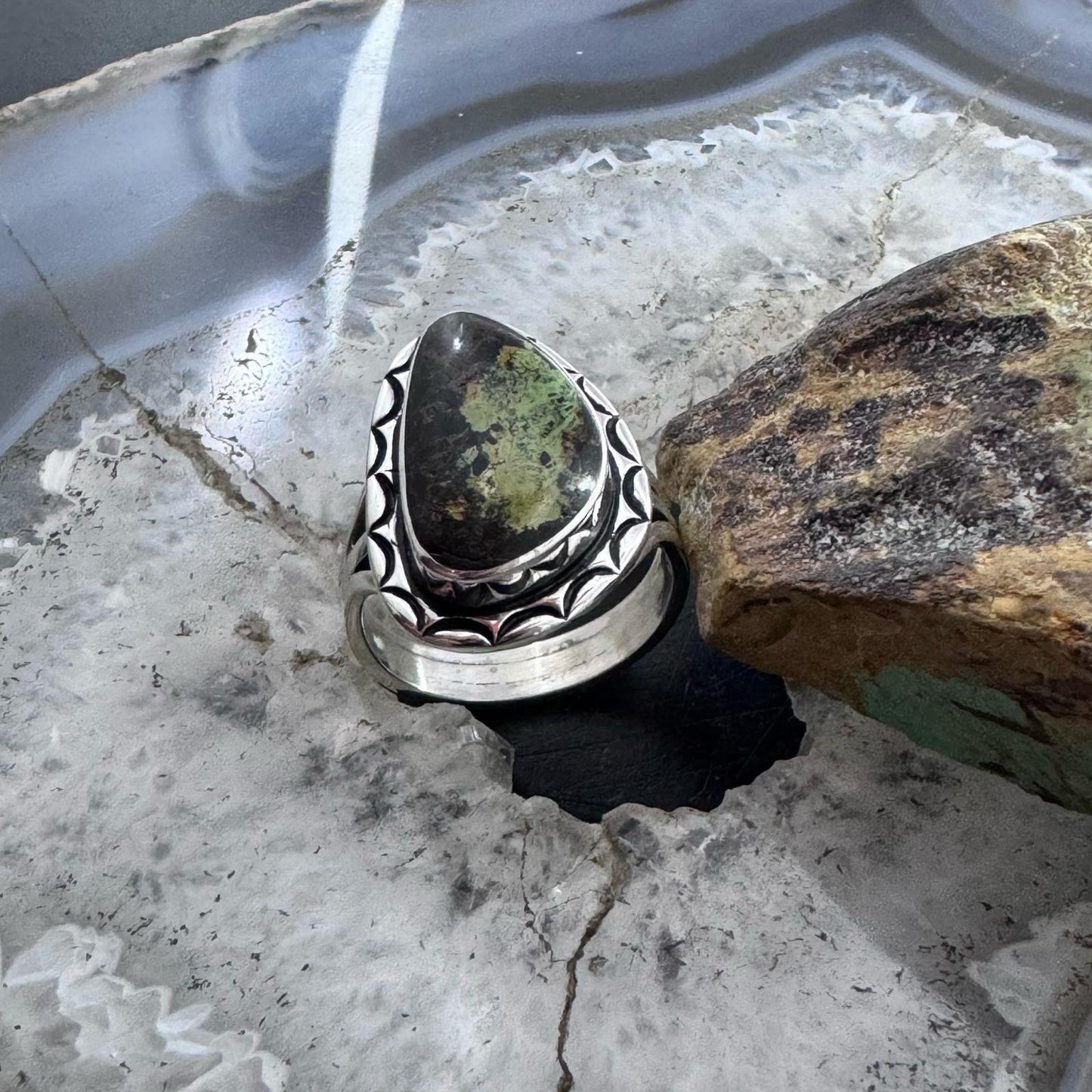 Native American Sterling Silver Blackjack Decorated Ring Size 8.5 For Women