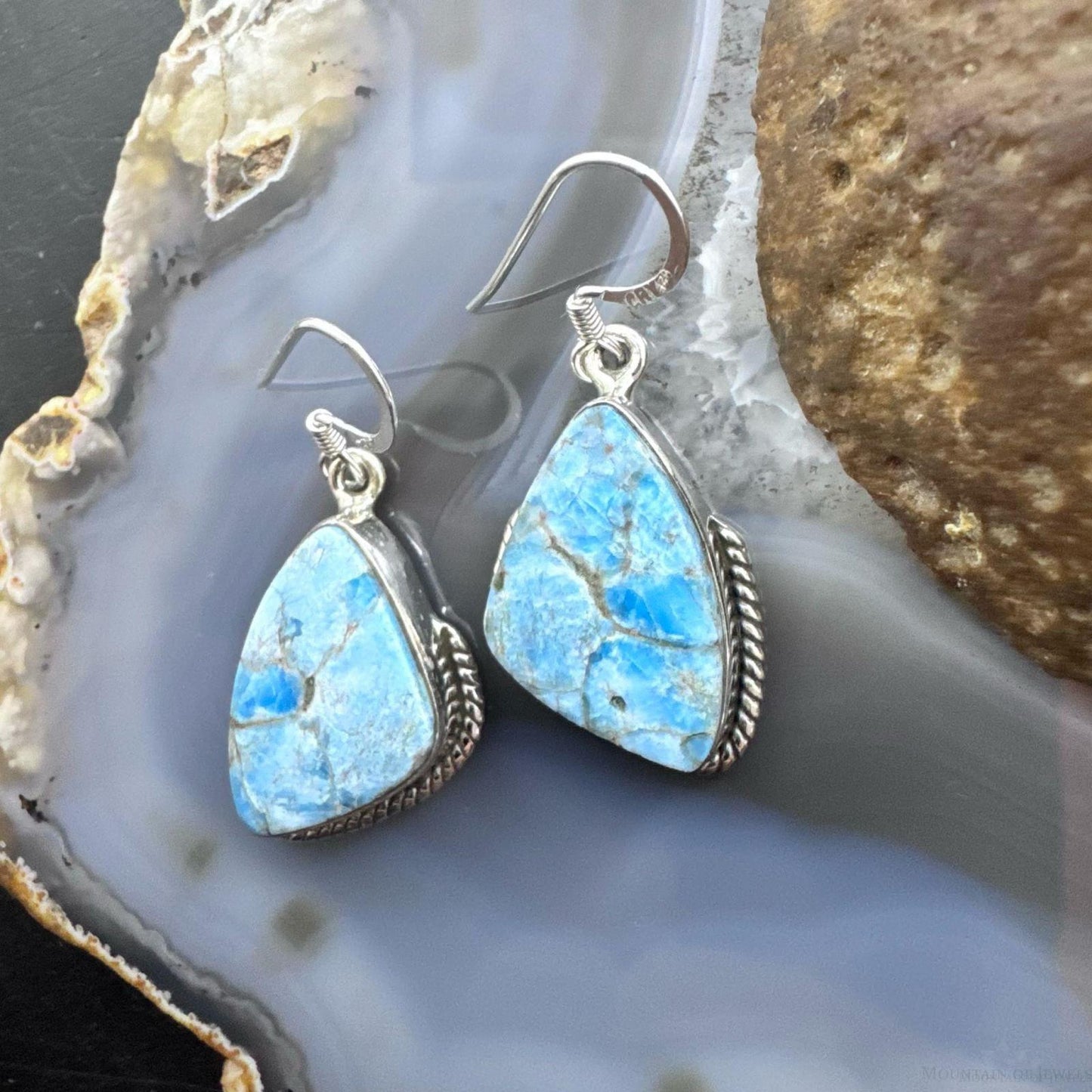 Sterling Silver Southwestern Style Blue Apatite Decorated Dangle Earrings For Women