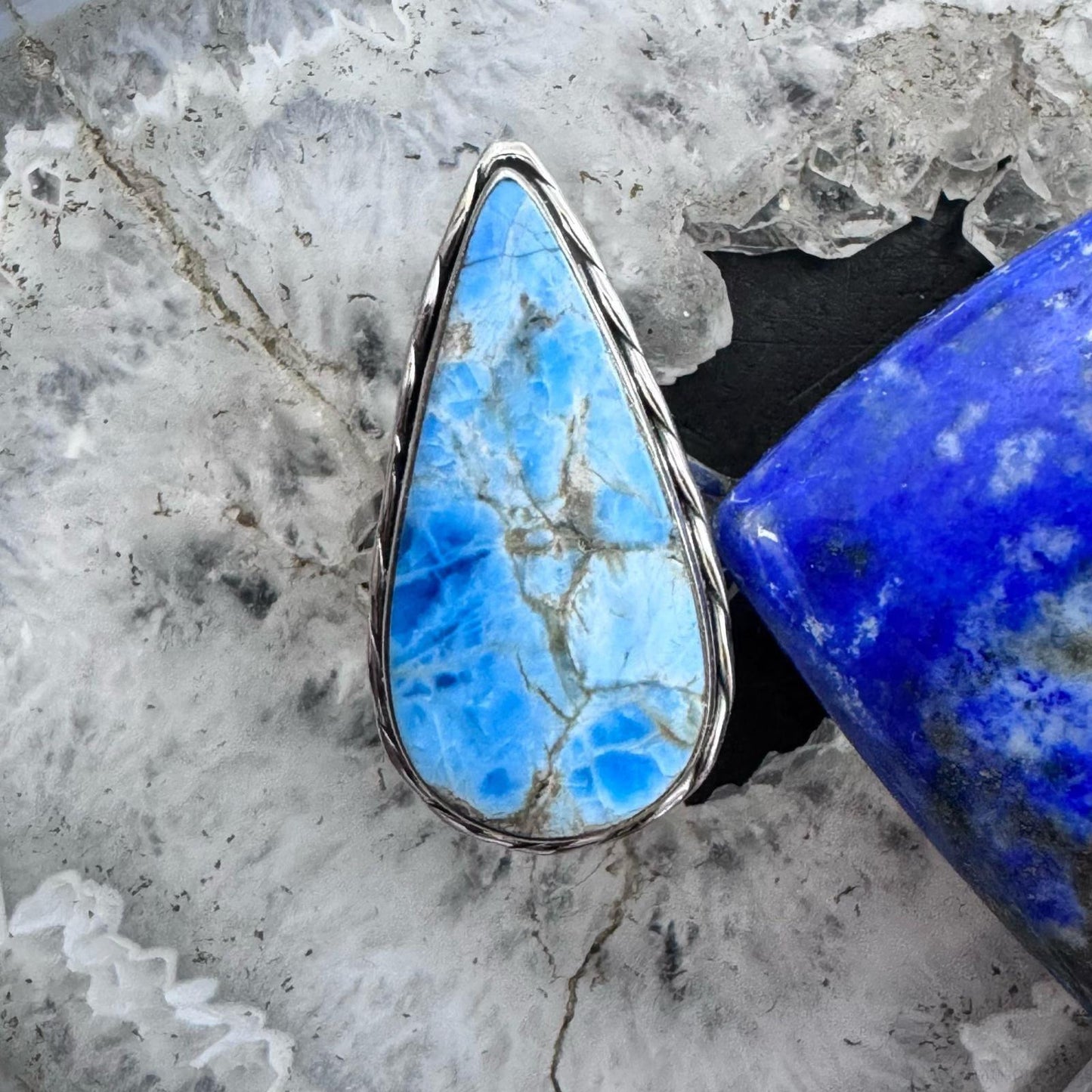 Sterling Silver Southwestern Style Elongated Teardrop Blue Apatite Ring Size 9 For Women