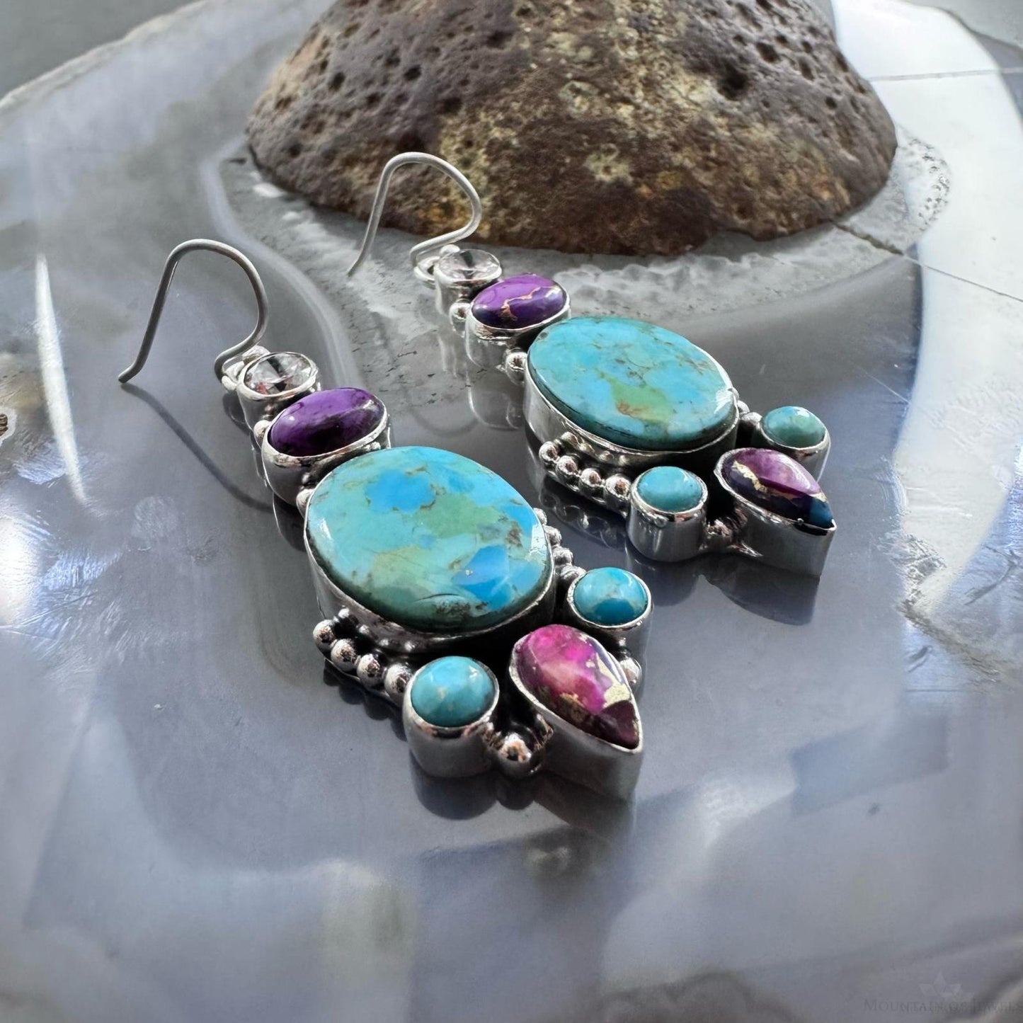 Sterling Silver Southwestern Style Turquoise,Purple Dahlia & CZ Dangle Earrings for Women