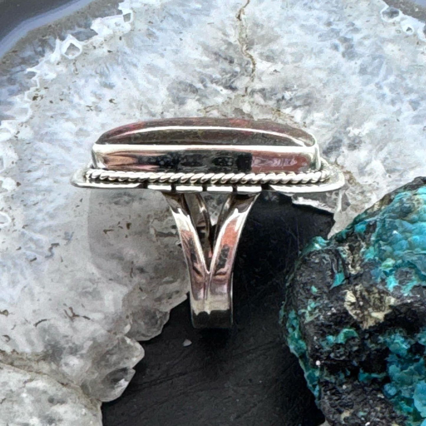 Sterling Silver Southwestern Style Moroccan Seam Agate Bar Ring Size 6.5 For Women