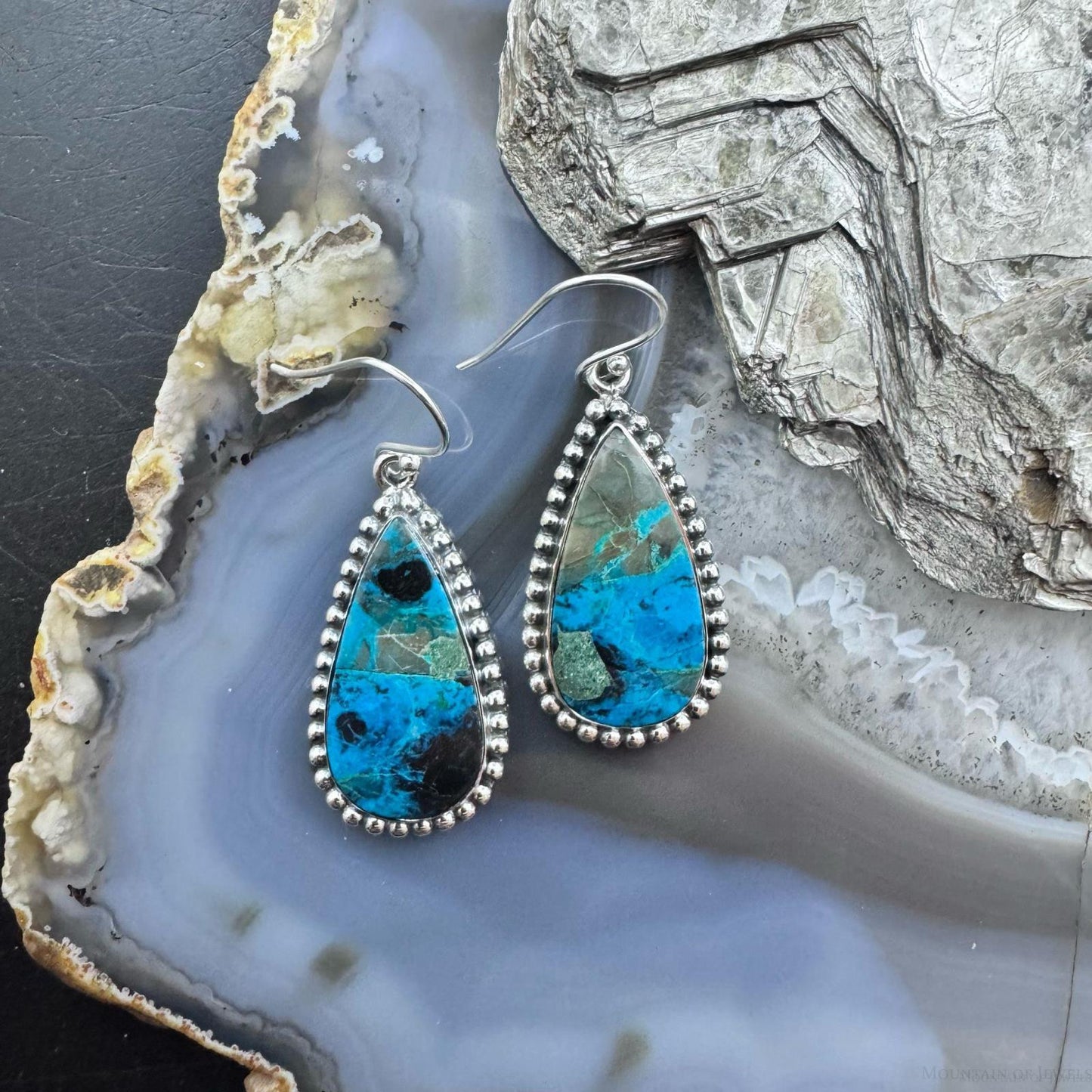 Sterling Silver Southwestern Style Teardrop Shattuckite Dangle Earrings For Women