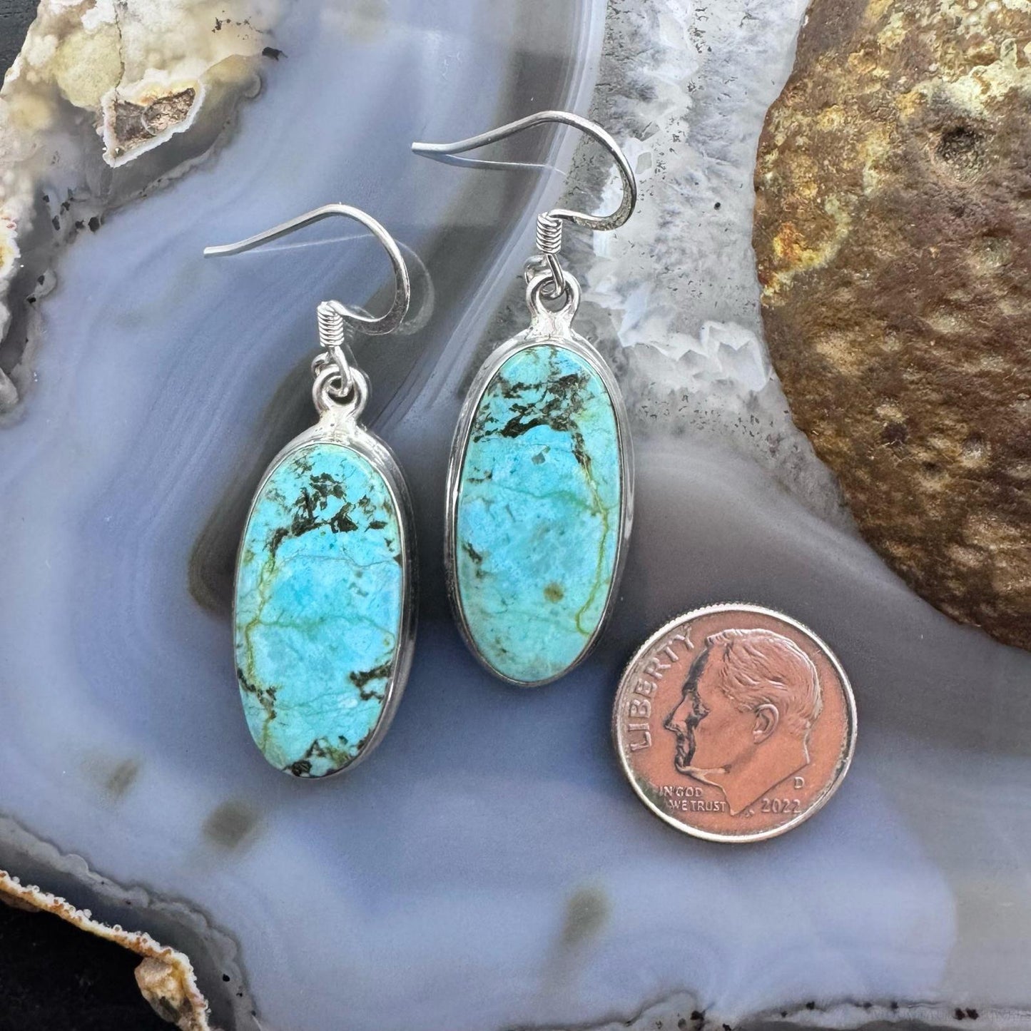 Sterling Silver Southwestern Style Oval Turquoise Dangle Earrings For Women