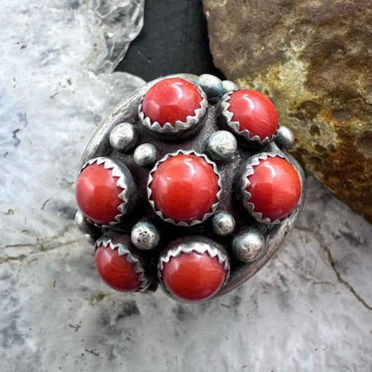 Vintage Native American Sterling Silver 7 Coral Cluster Ring Size 8 For Women