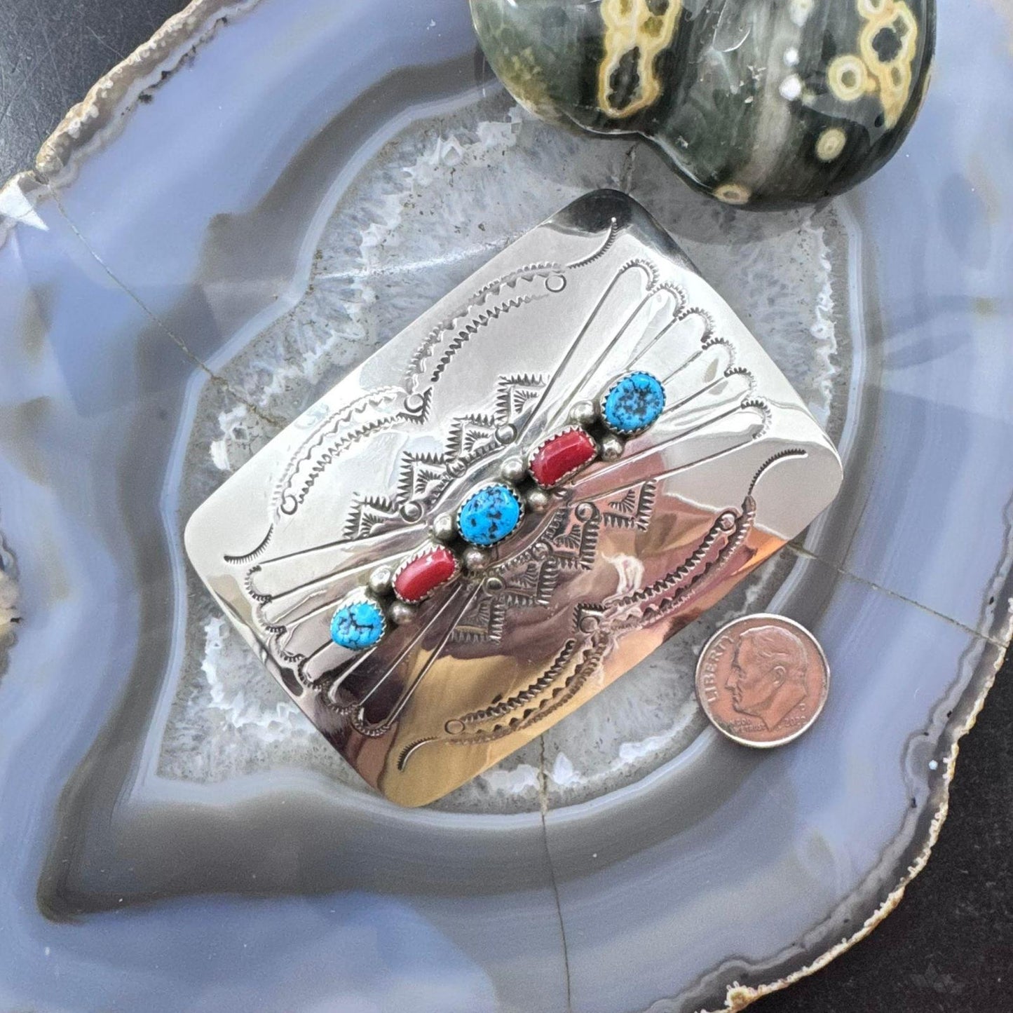 Sterling Silver Native American Turquoise & Coral Stamped Belt Buckle For Men