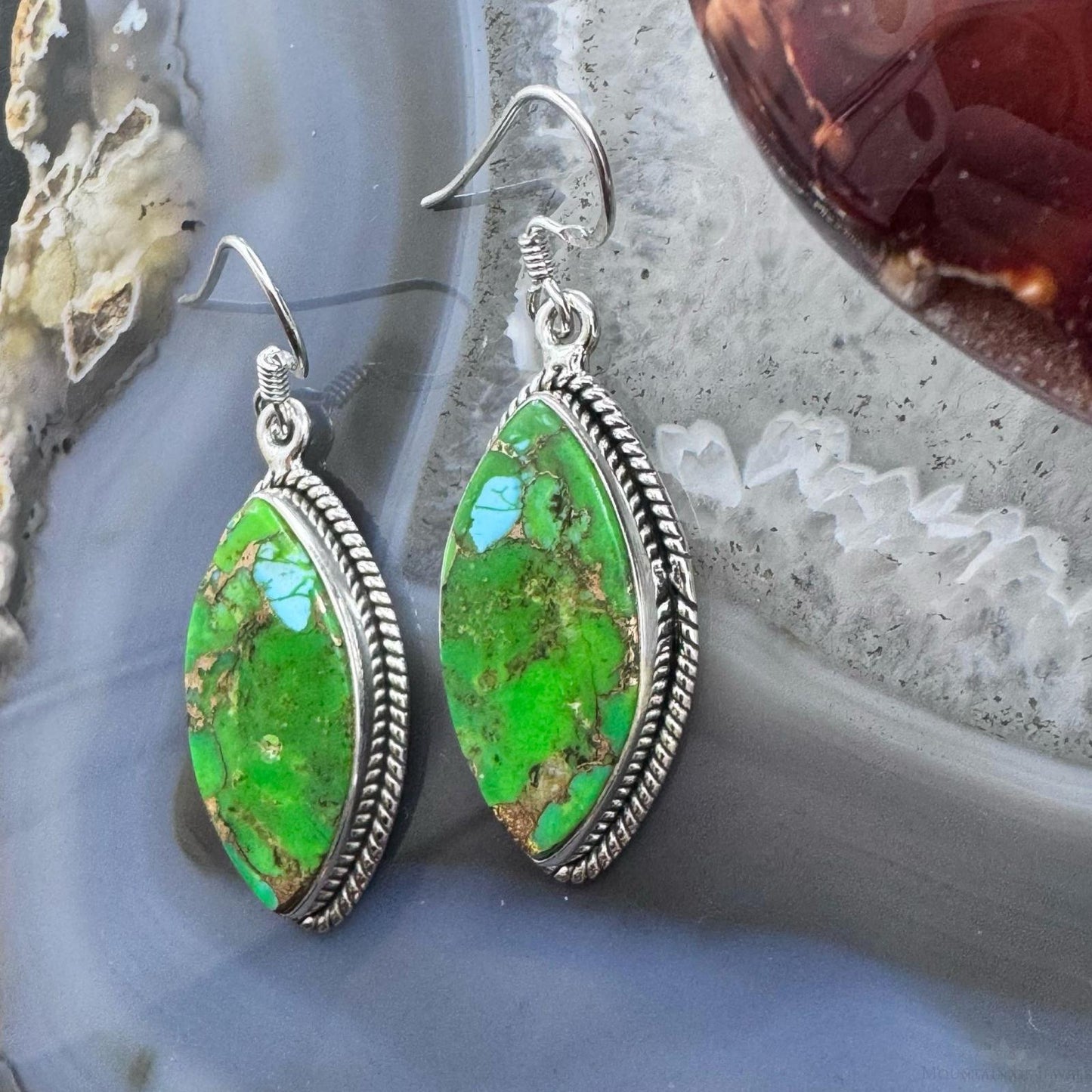 Sterling Silver Southwestern Style Marquise Green Cooper Turquoise Dangle Earrings For Women