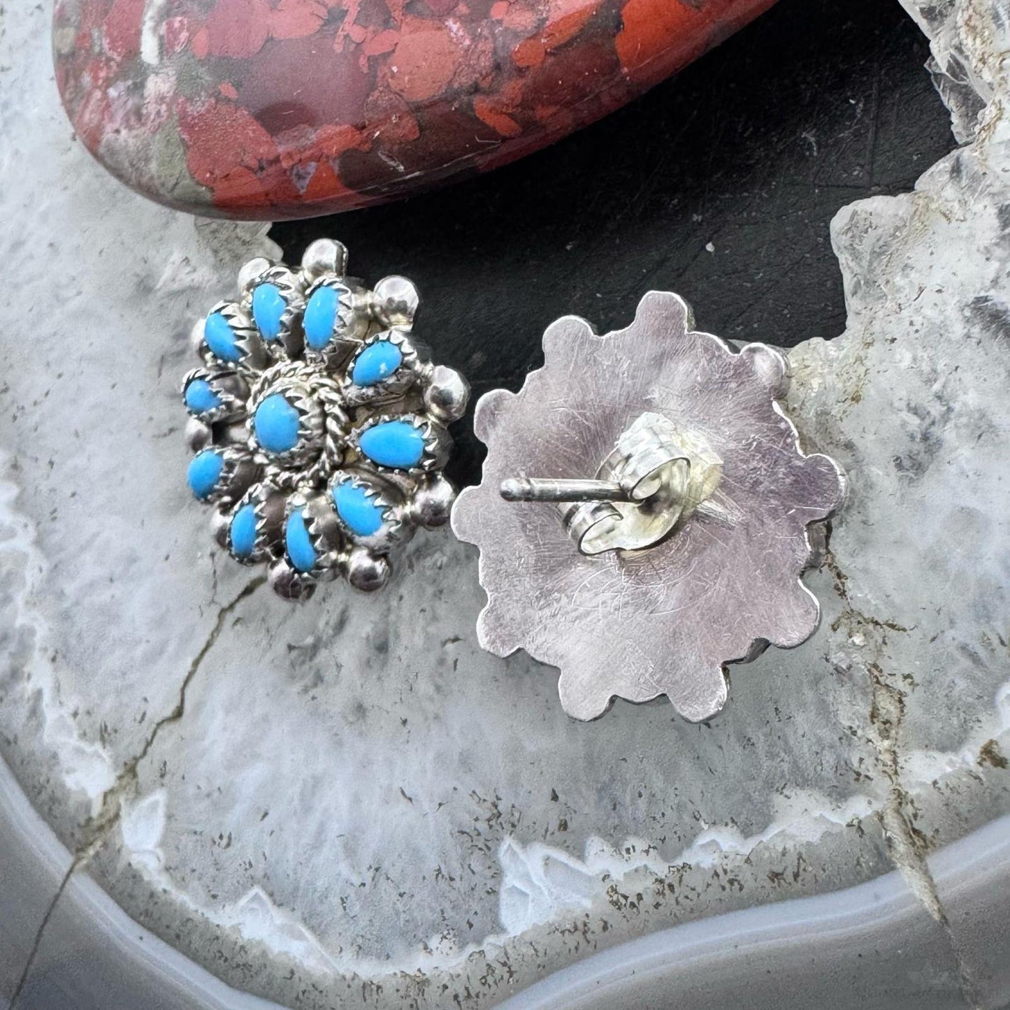 Native American Sterling Silver Turquoise Cluster Stud Earrings For Women