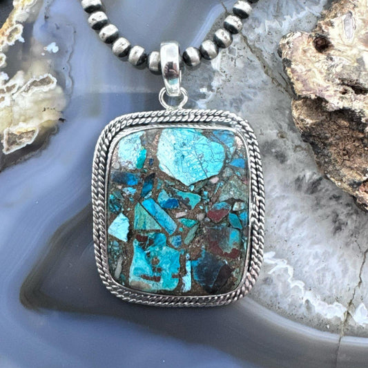 Sterling Silver Southwestern Style Large Square Cooper Turquoise Pendant For Women