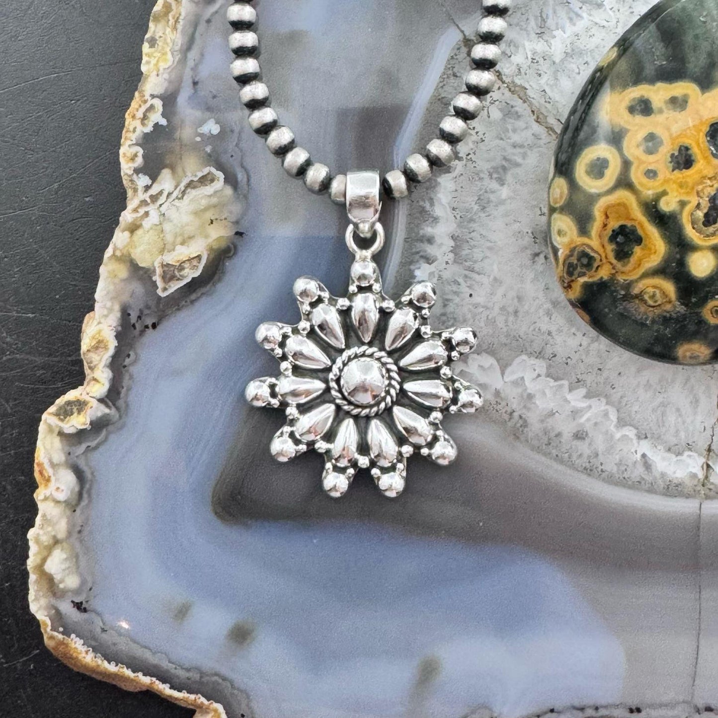 Sterling Silver Southwestern Style Decorated Cluster Floral Pendant For Women