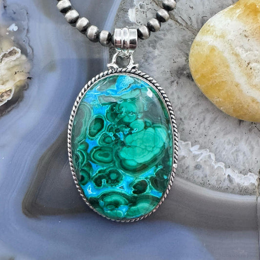 Sterling Silver Southwestern Style Oval Azurite Malachite Unisex Pendant