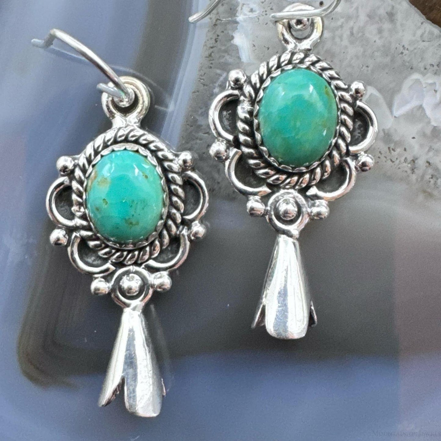 Sterling Silver Southwestern Style Oval Turquoise Squash Blossom Dangle Earrings For Women