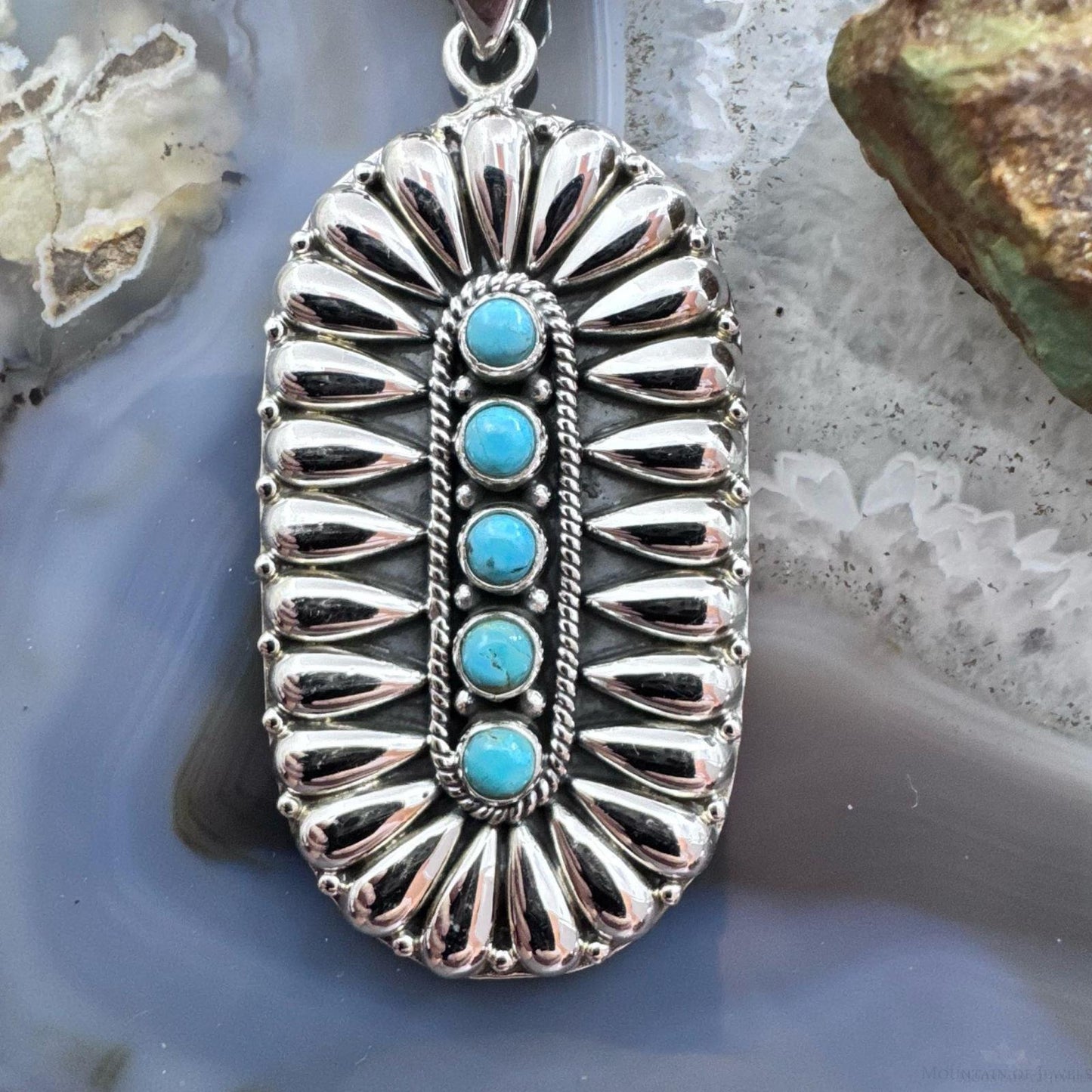 Sterling Silver Southwestern Style Turquoise & Silver Teardrop Cluster Pendant For Women