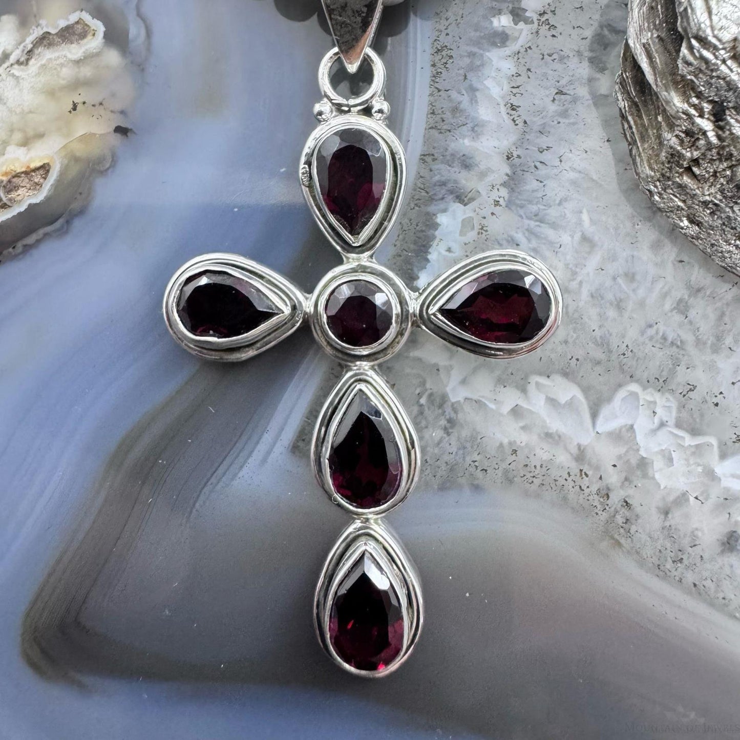 Sterling Silver Southwestern Style Garnet Decorated Cross Pendant For Women