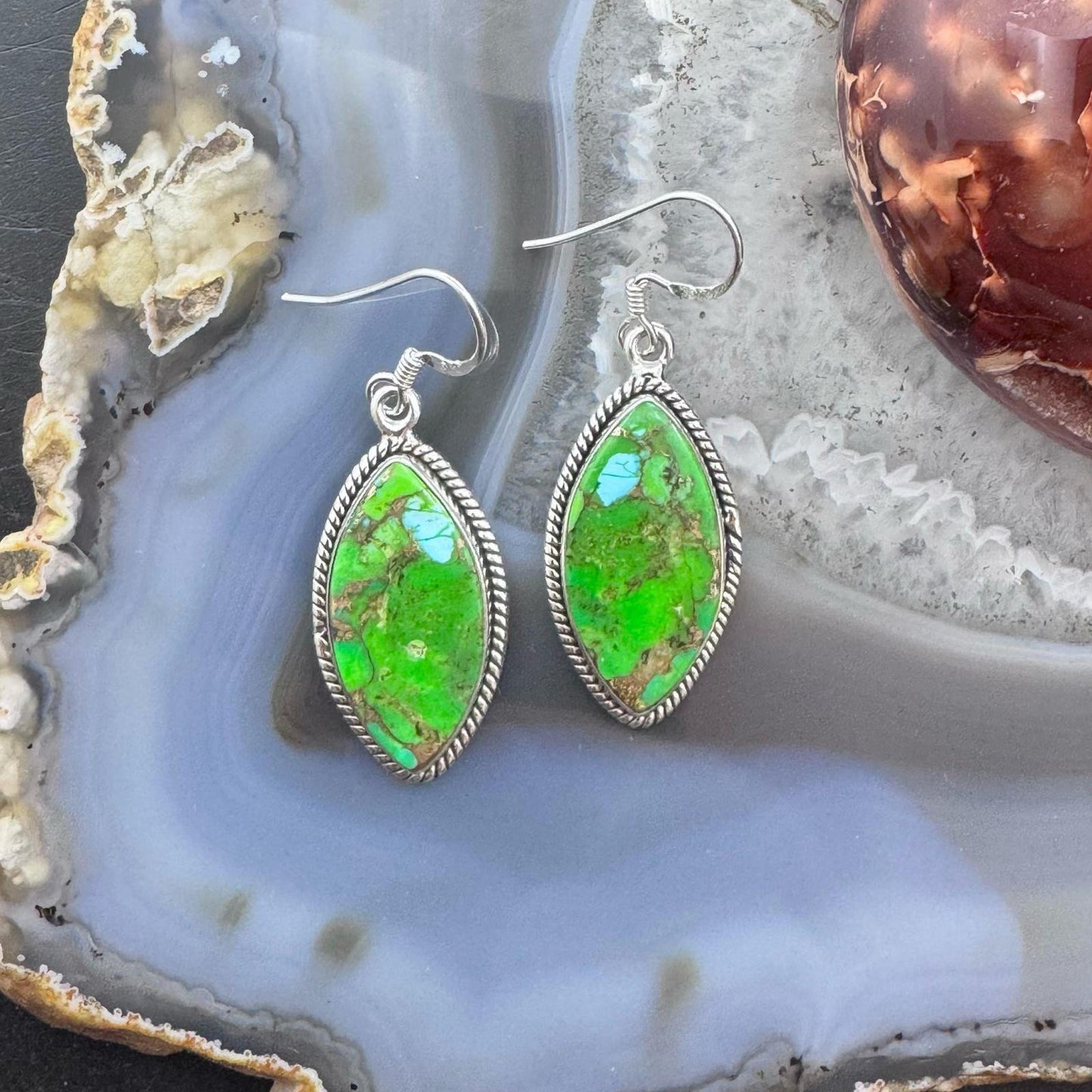 Sterling Silver Southwestern Style Marquise Green Cooper Turquoise Dangle Earrings For Women