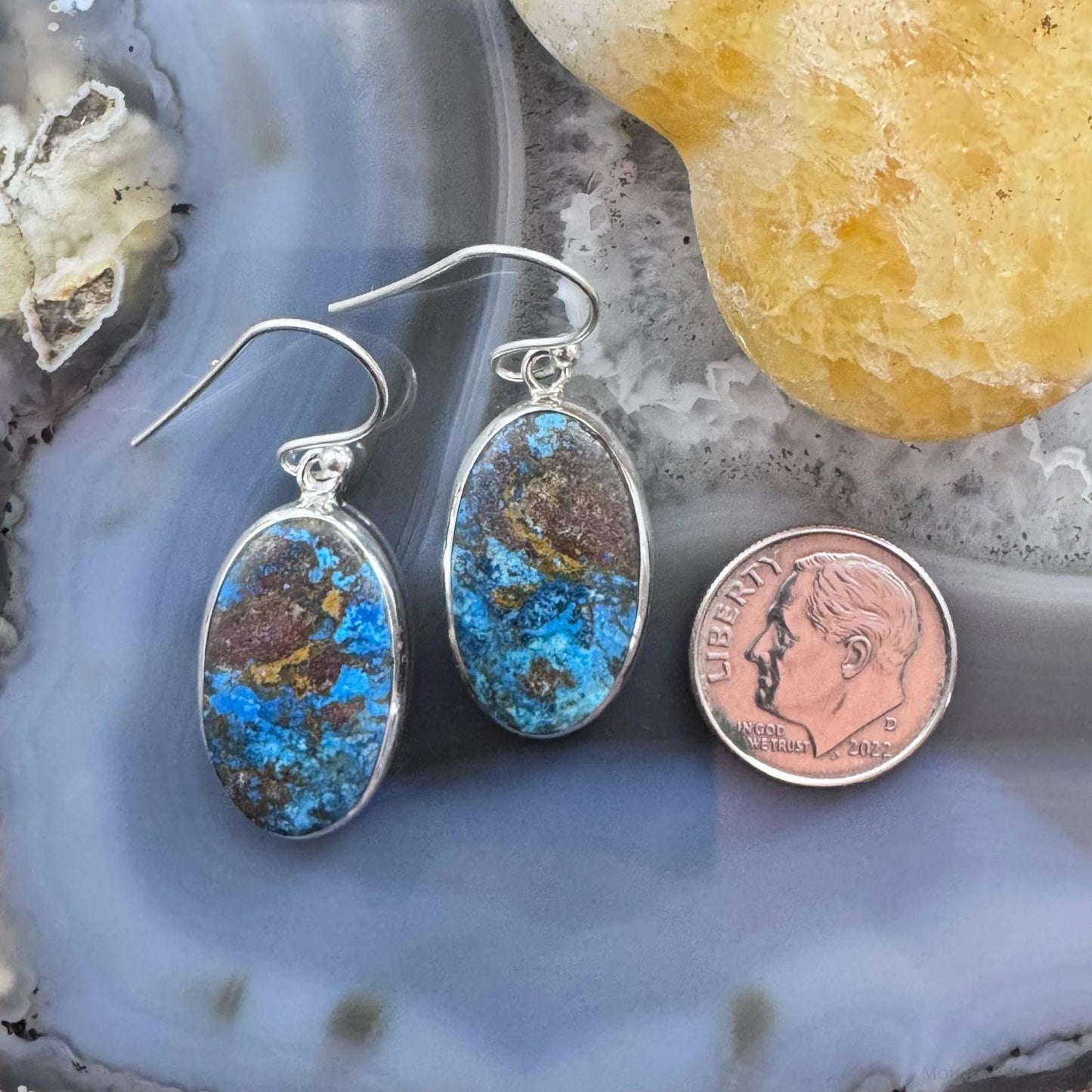 Sterling Silver Southwestern Style Oval Chrysocolla Dangle Earrings For Women