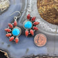 Sterling Silver Southwestern Style Turquoise/Coral Half-flower Cluster Dangle Earrings For Women