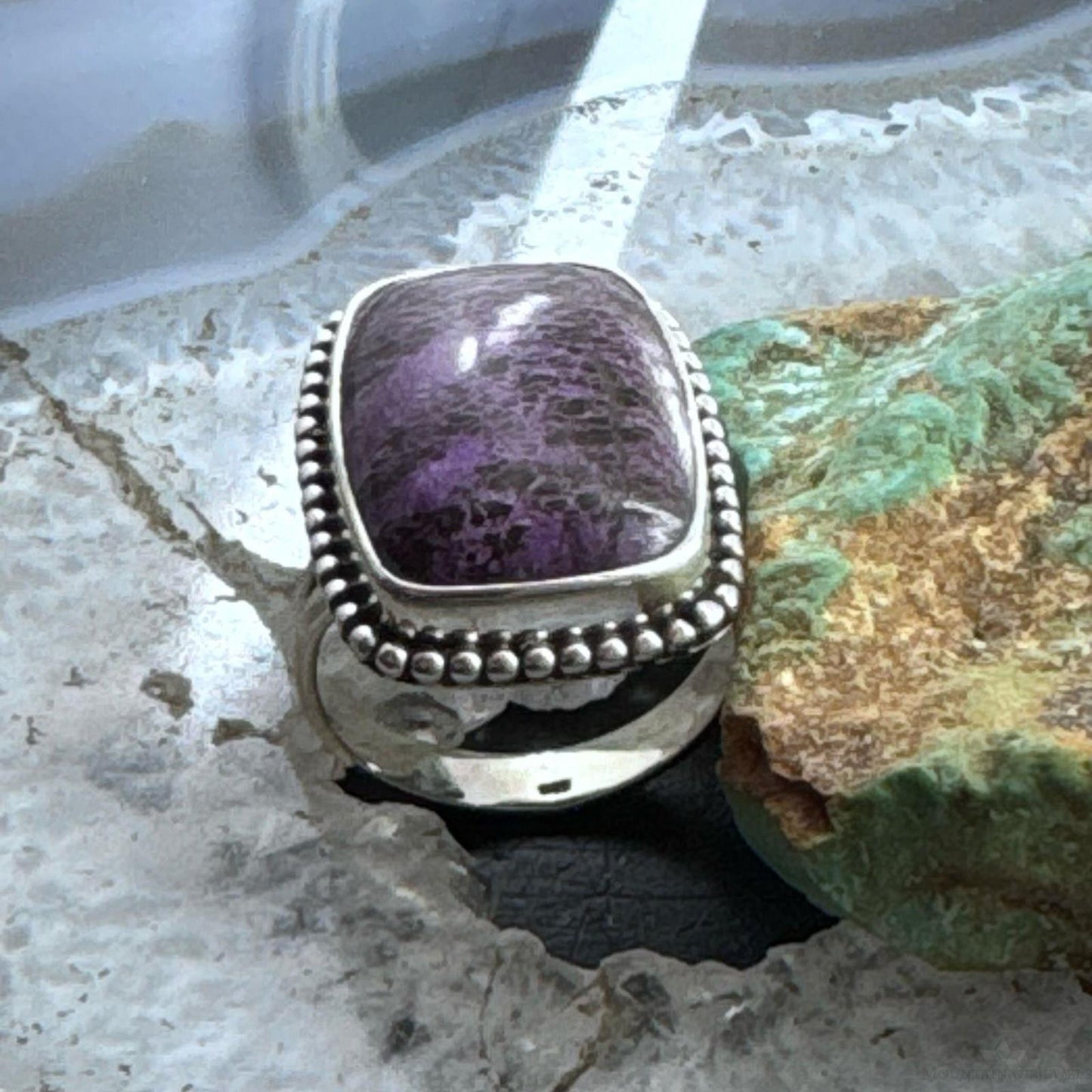 Sterling Silver Southwestern Style Purpurite Decorated Bar Ring Size 8 For Women