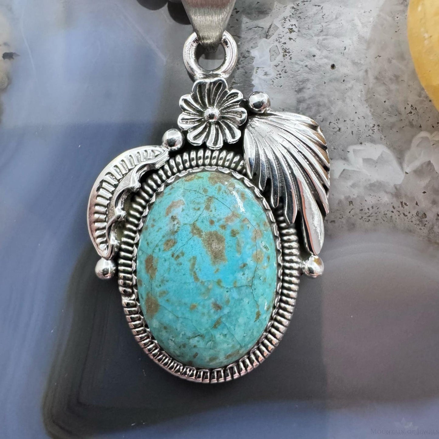 Sterling Silver Southwestern Style Oval Turquoise Leaves Decorated Pendant For Women