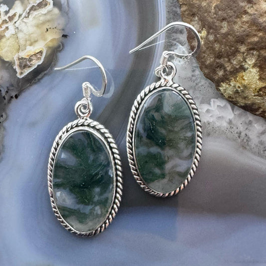 Sterling Silver Southwestern Style Oval Moss Agate Decorated Dangle Earrings For Women