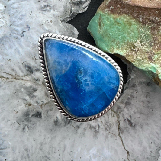 Sterling Silver Southwestern Style Teardrop Neon Apatite Decorated Ring Size 10 For Women