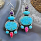 Sterling Silver Southwestern Style Turquoise, Pink & Purple Dahlia Dangle Earrings For Women