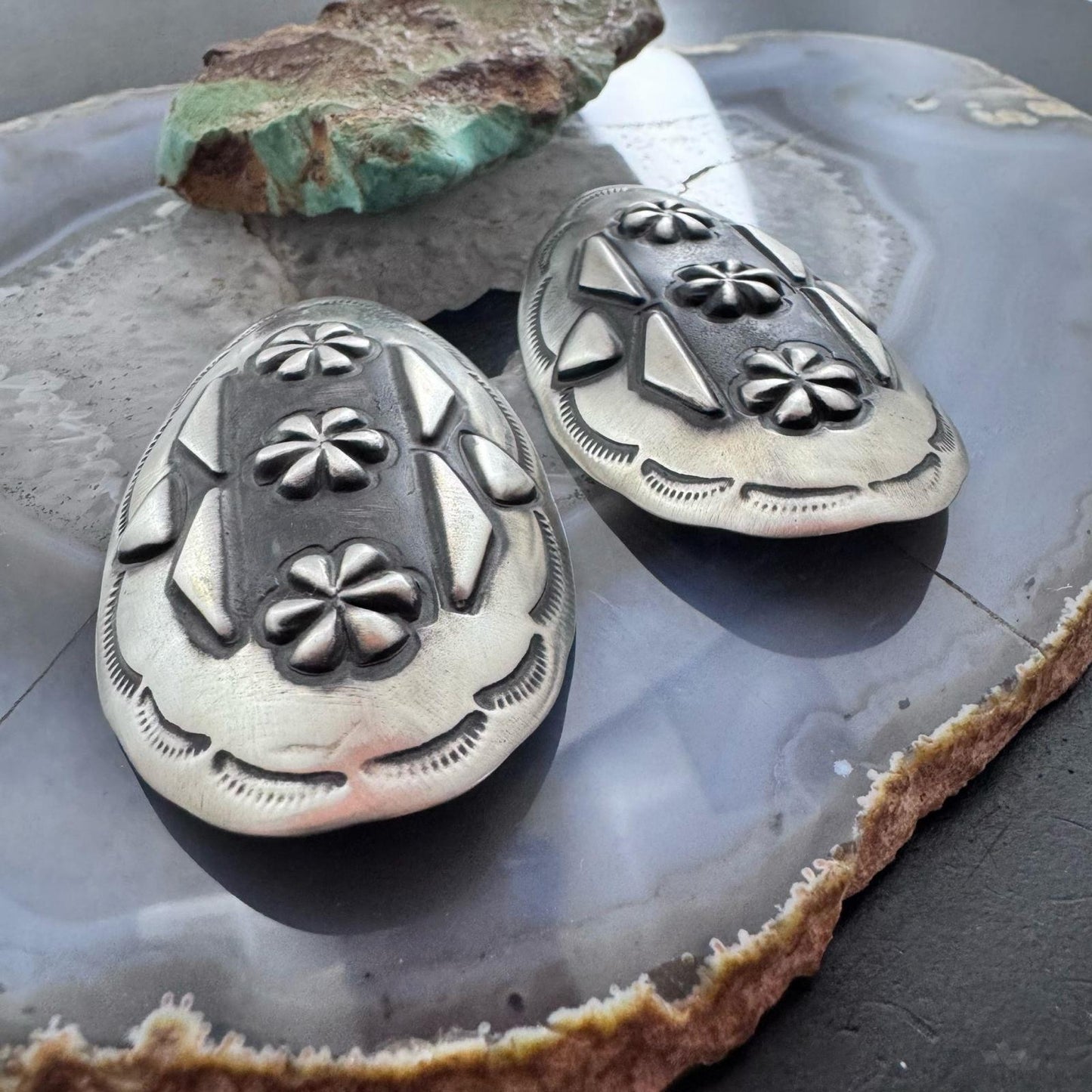 Leander Tahe Native American Sterling Silver Large Oval Repousse Post Earrings For Women
