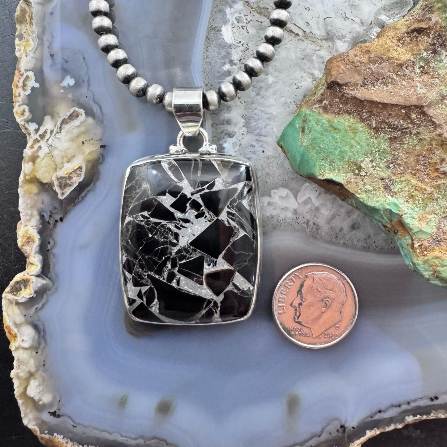 Sterling Silver Southwestern Style Rectangle Mohave Zinc Black Onyx Pendant For Women