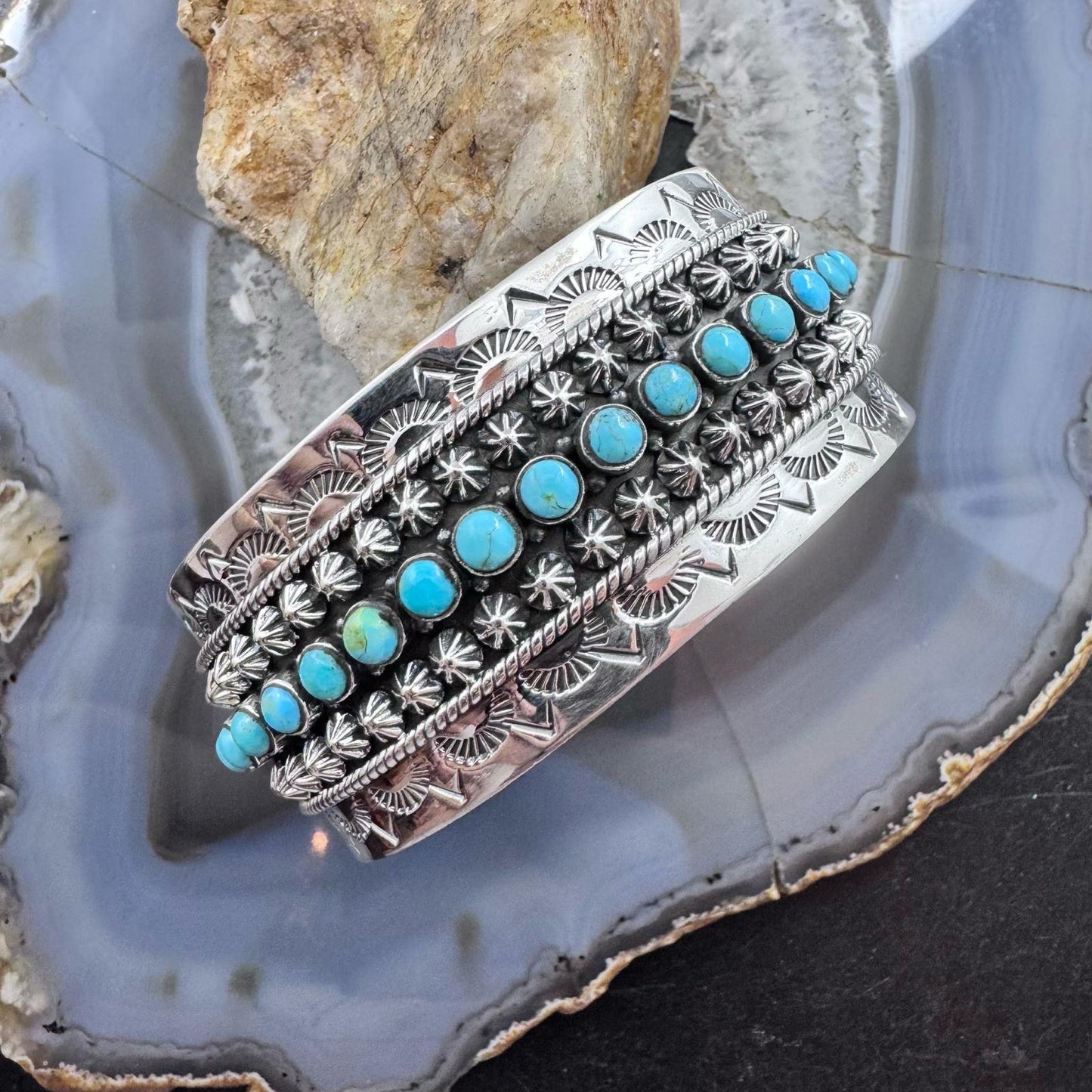 Sterling Silver Southwestern Style Turquoise Single Row Stamped Decorated Bracelet For Women