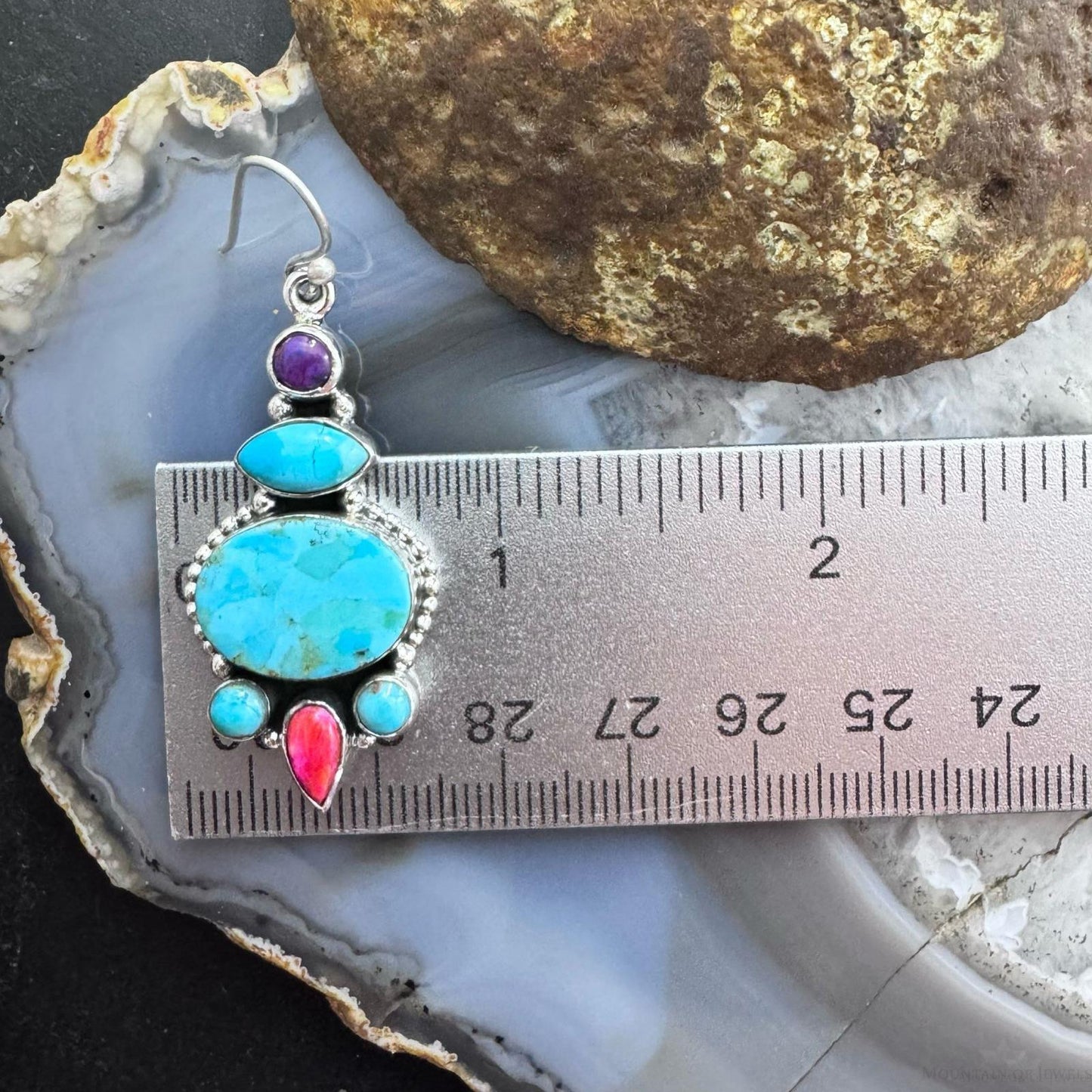 Sterling Silver Southwestern Style Turquoise, Pink & Purple Dahlia Dangle Earrings For Women