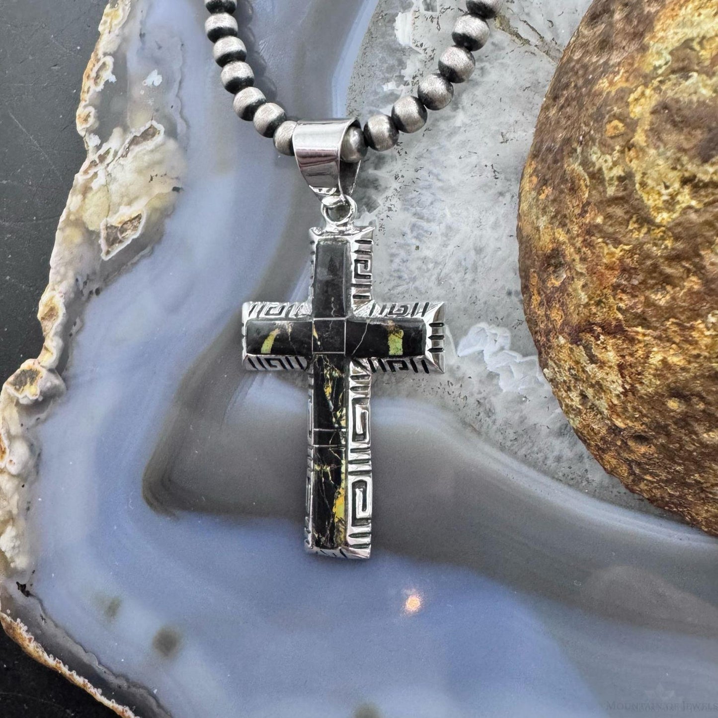 Native American Sterling Silver Inlay Blackjack Decorated Cross Unisex Pendant