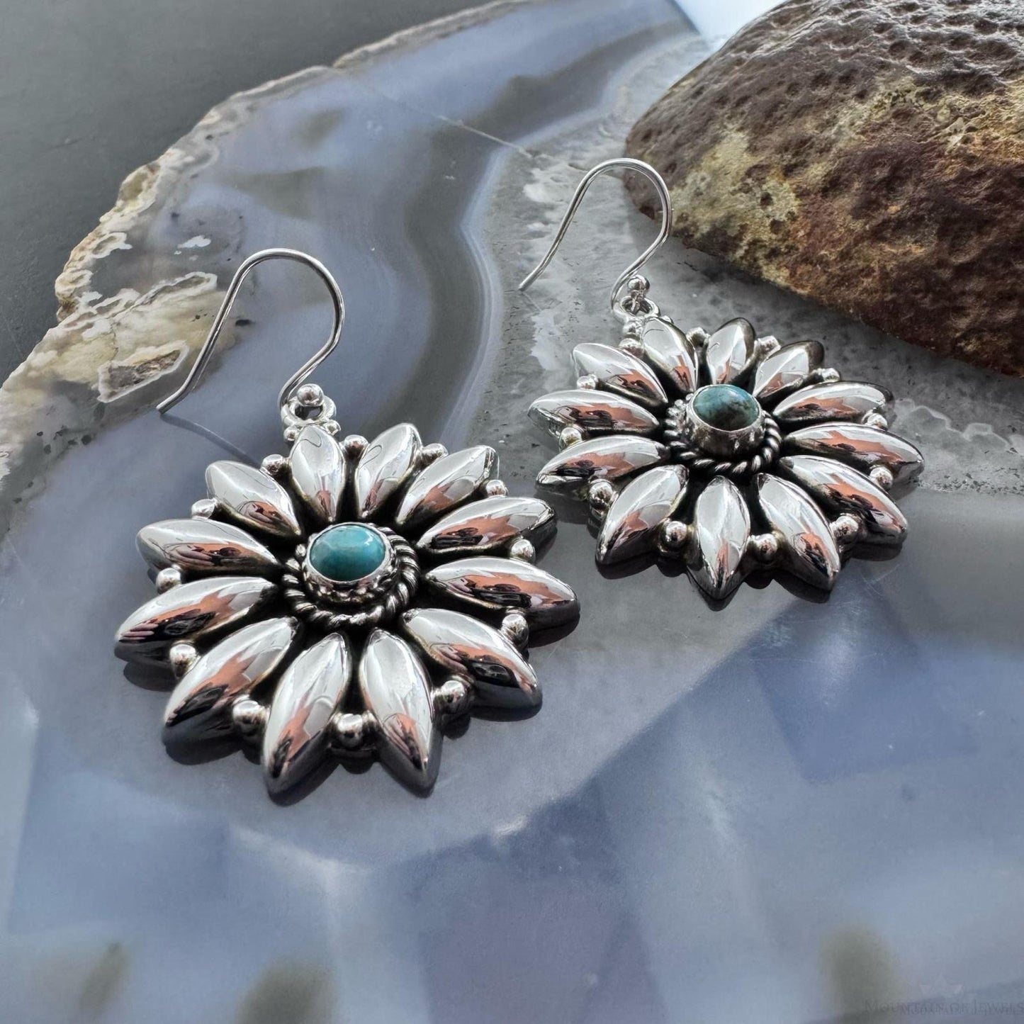 Sterling Silver Southwestern Style Turquoise Floral Dangle Earrings For Women