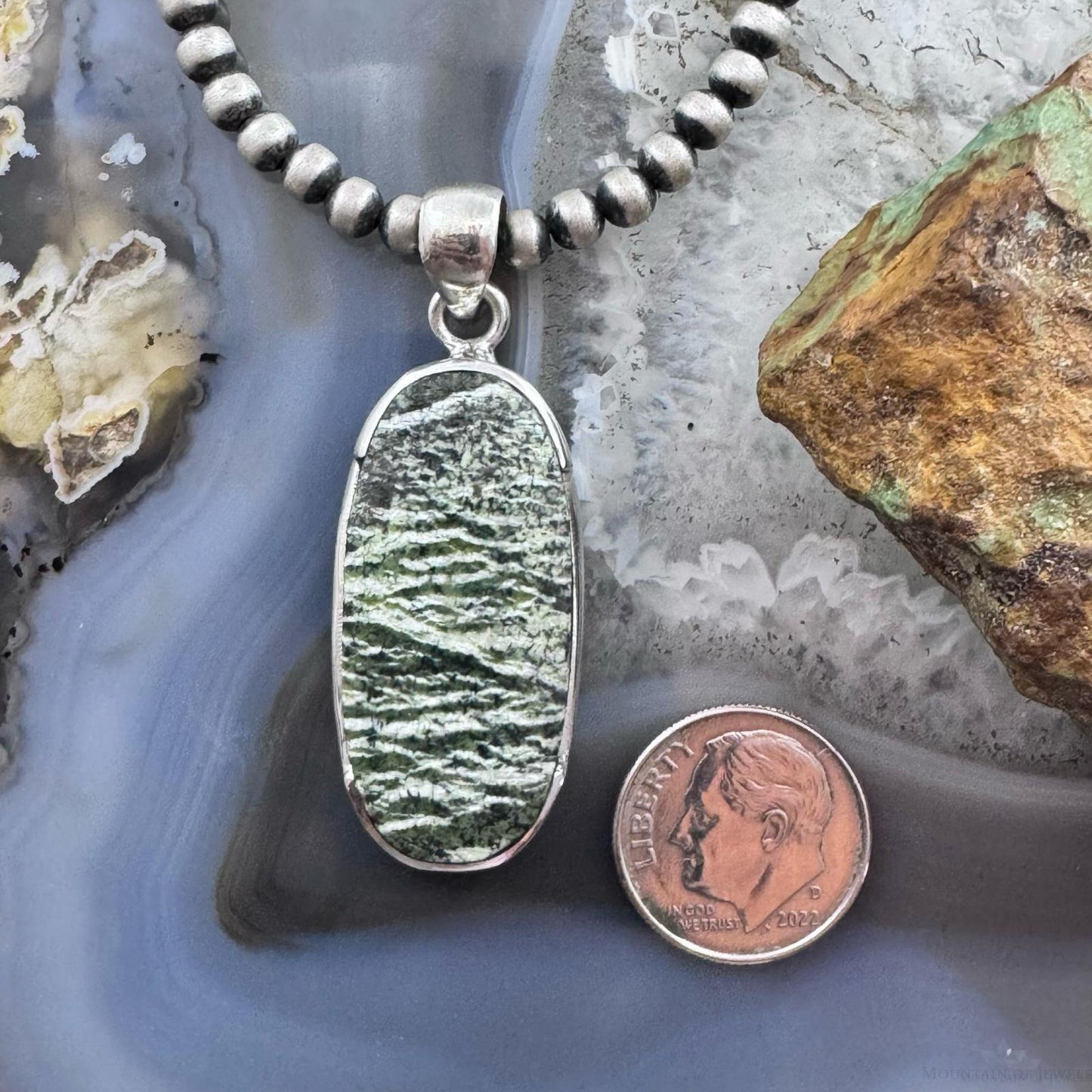 Sterling Silver Southwestern Style Oblong Oval Green Serpentine Pendant For Women