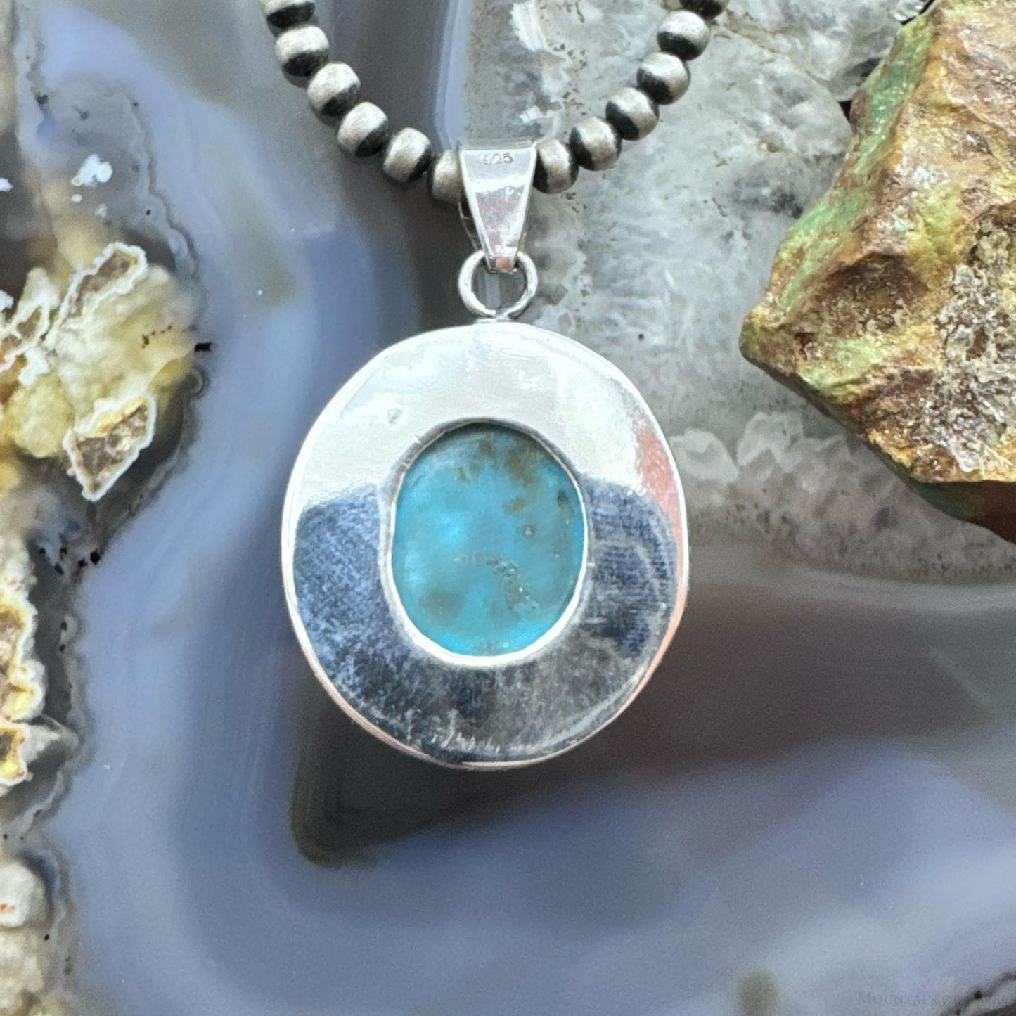 Sterling Silver Southwestern Style Round Tibetan Turquoise Decorated Pendant For Women