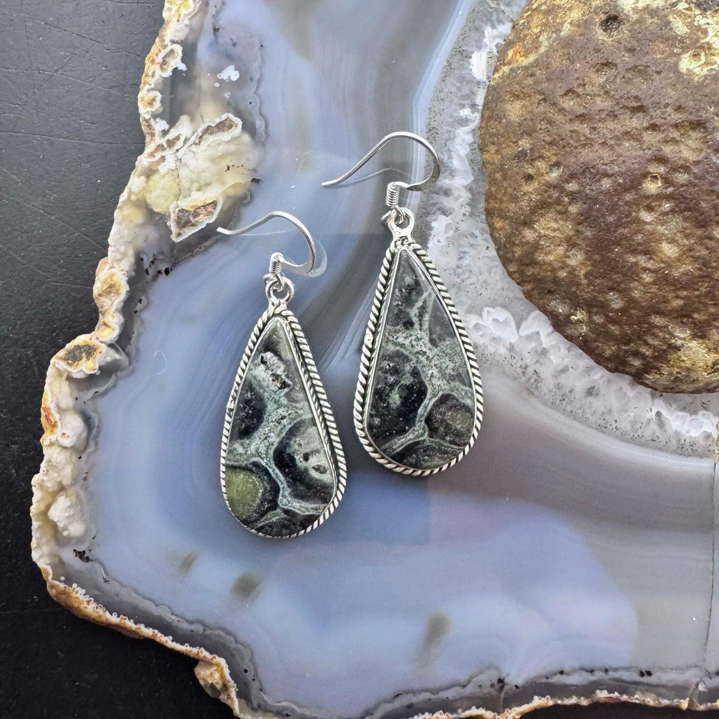 Sterling Silver Southwestern Style Teardrop Kambaba Jasper Dangle Earrings For Women