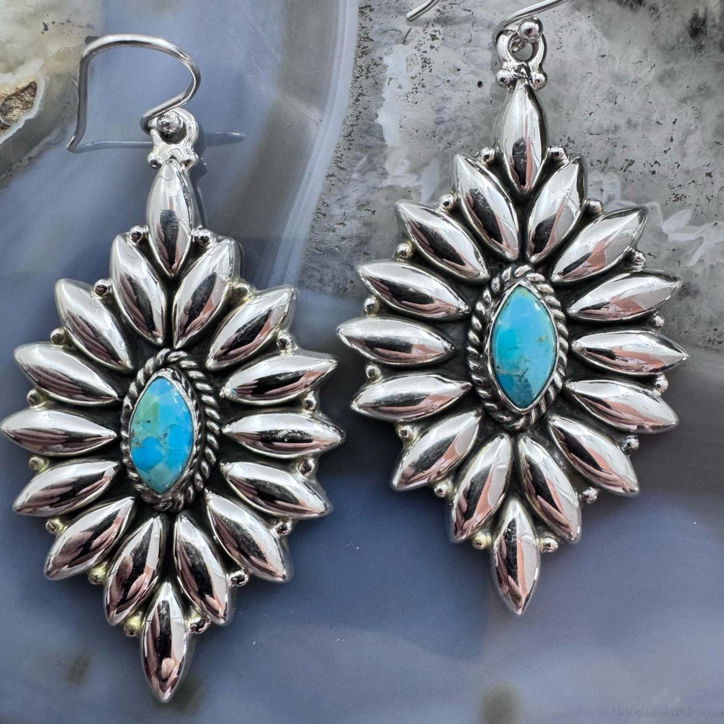 Sterling Southwestern Style Marquis Turquoise Cluster Dangle Earrings For Women