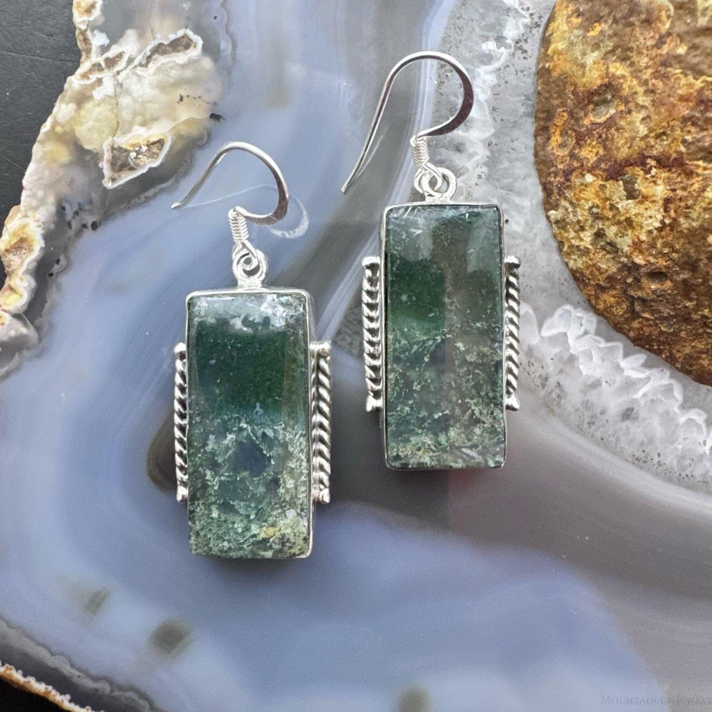 Sterling Silver Southwestern Style Rectangle Moss Agate Dangle Earrings For Women