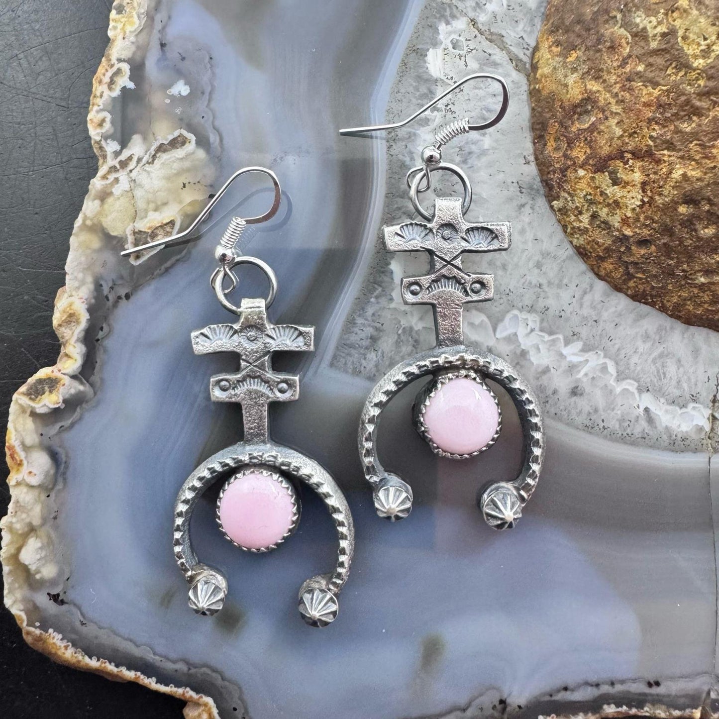 Eva & Linberg Billah Sterling Silver Sandcast Pink Conch Cross Dangle Earrings For Women