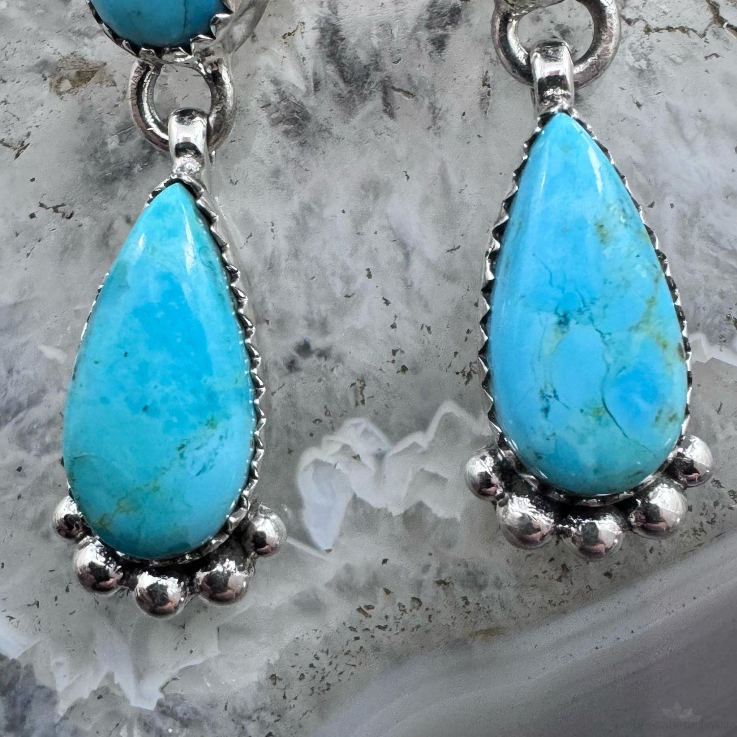 Sterling Silver Southwestern Style Round & Teardrop Turquoise Dangle Earrings For Women