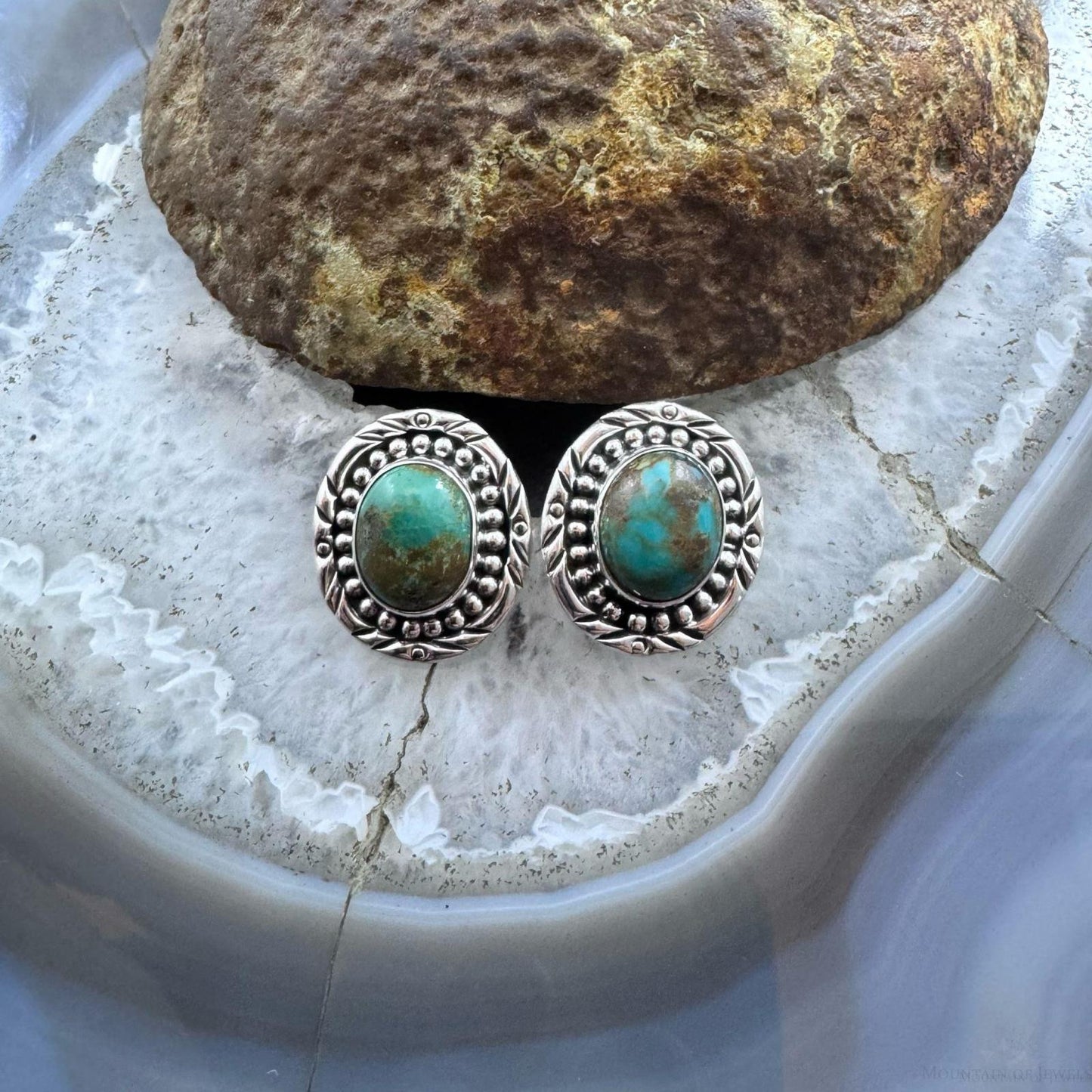 Sterling Silver Southwestern Style Oval Turquoise Decorated Stud Earrings For Women