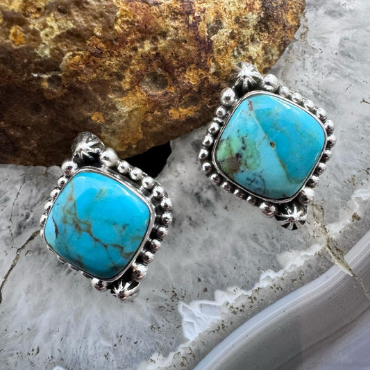 Sterling Silver Southwestern Style Square Turquoise Stud Earrings For Women