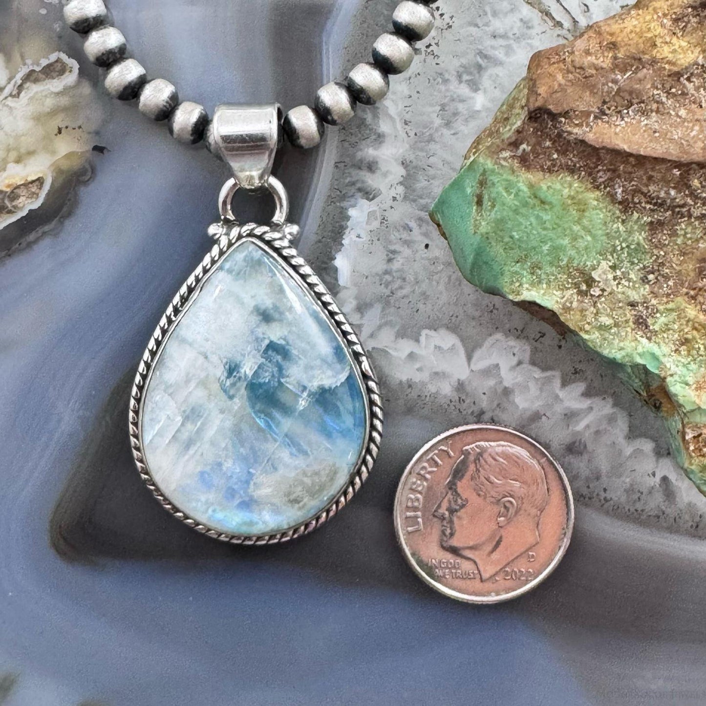 Sterling Silver Southwestern Style Teardrop Blue Moonstone Pendant For Women #1