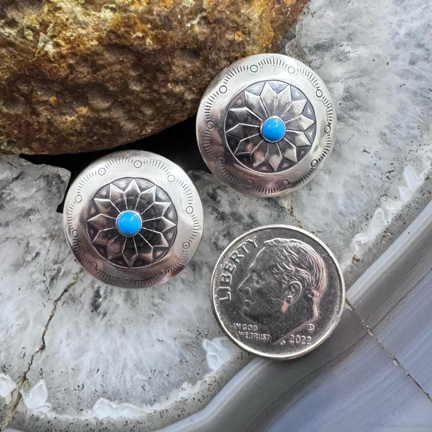 Native American Sterling Stamped Rounded Concho w/Turquoise Post Earrings