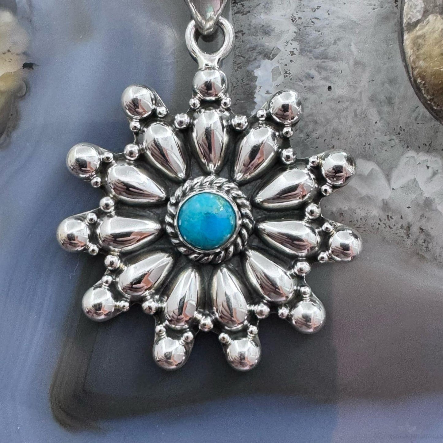 Sterling Silver Southwestern Style Rounded Turquoise Cluster Pendant For Women