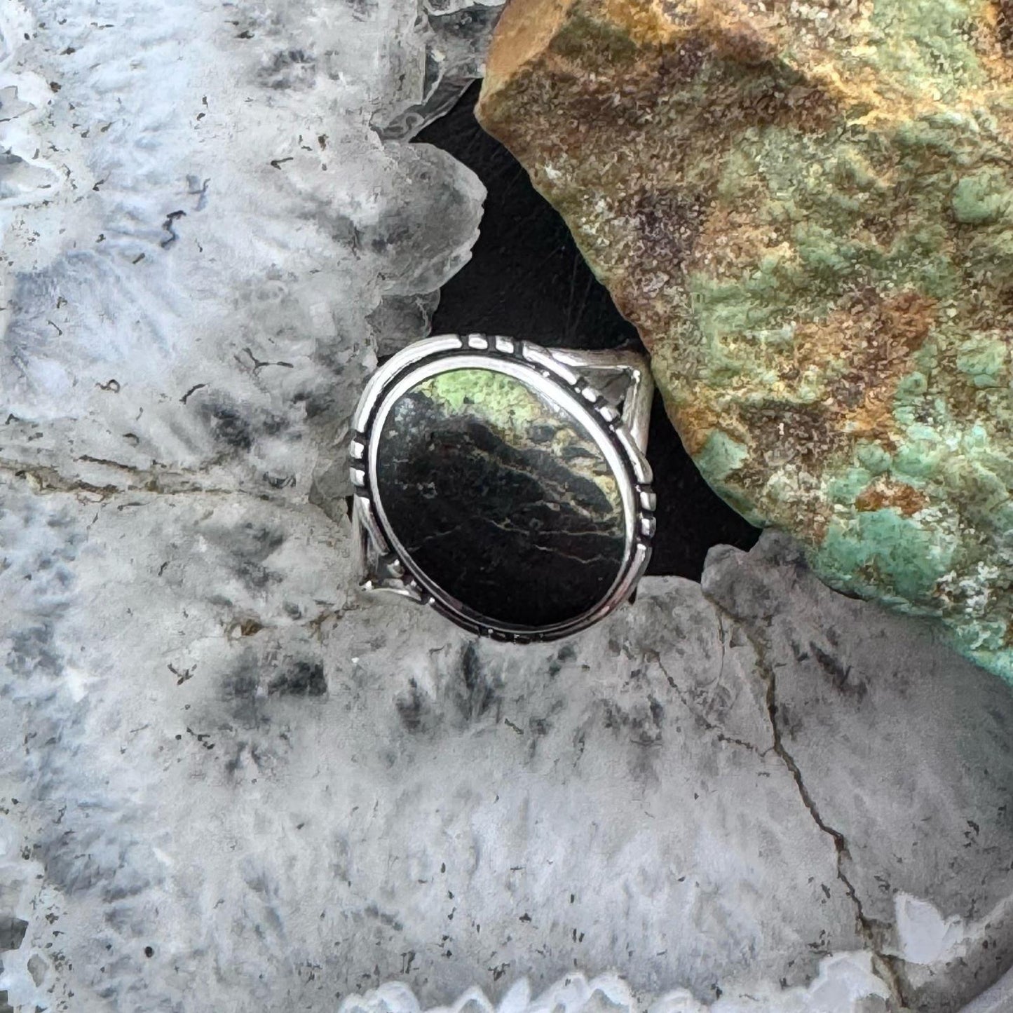 Native American Sterling Silver Oval Blackjack Decorated Ring Size 8.5 For Women