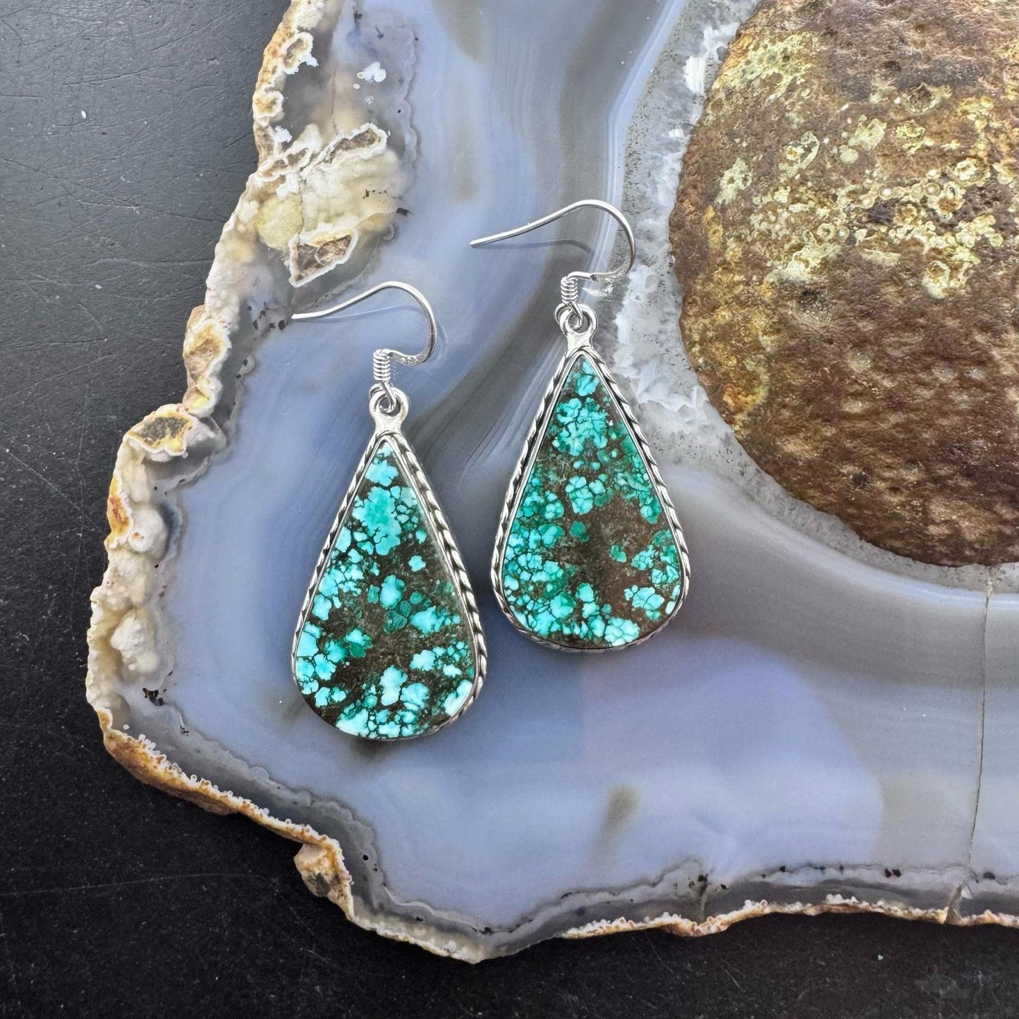 Sterling Silver Southwestern Style Teardrop Turquoise Dangle Earrings For Women