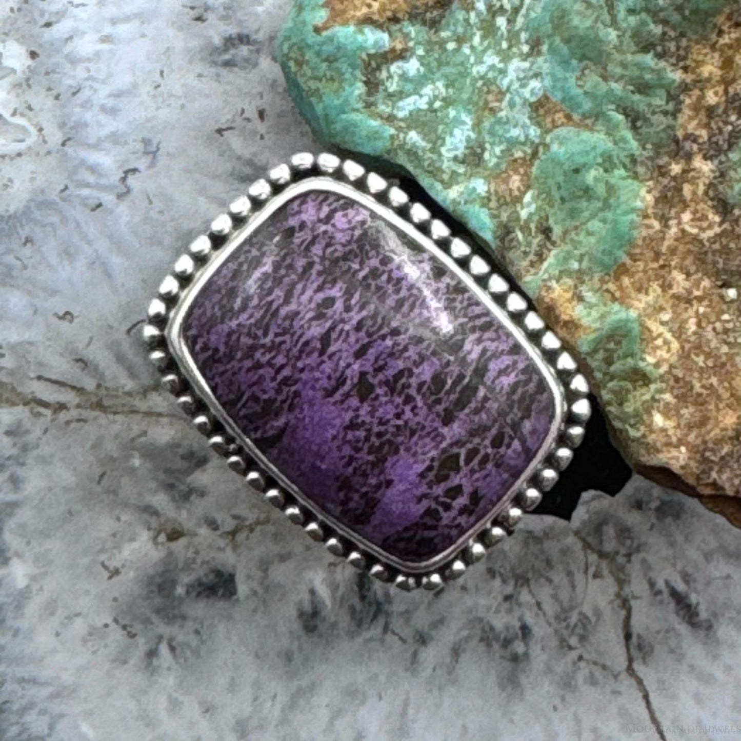 Sterling Silver Southwestern Style Purpurite Decorated Bar Ring Size 8 For Women