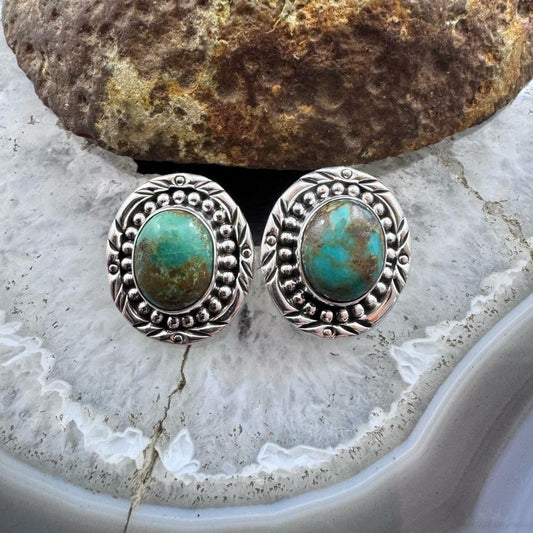 Sterling Silver Southwestern Style Oval Turquoise Decorated Stud Earrings For Women