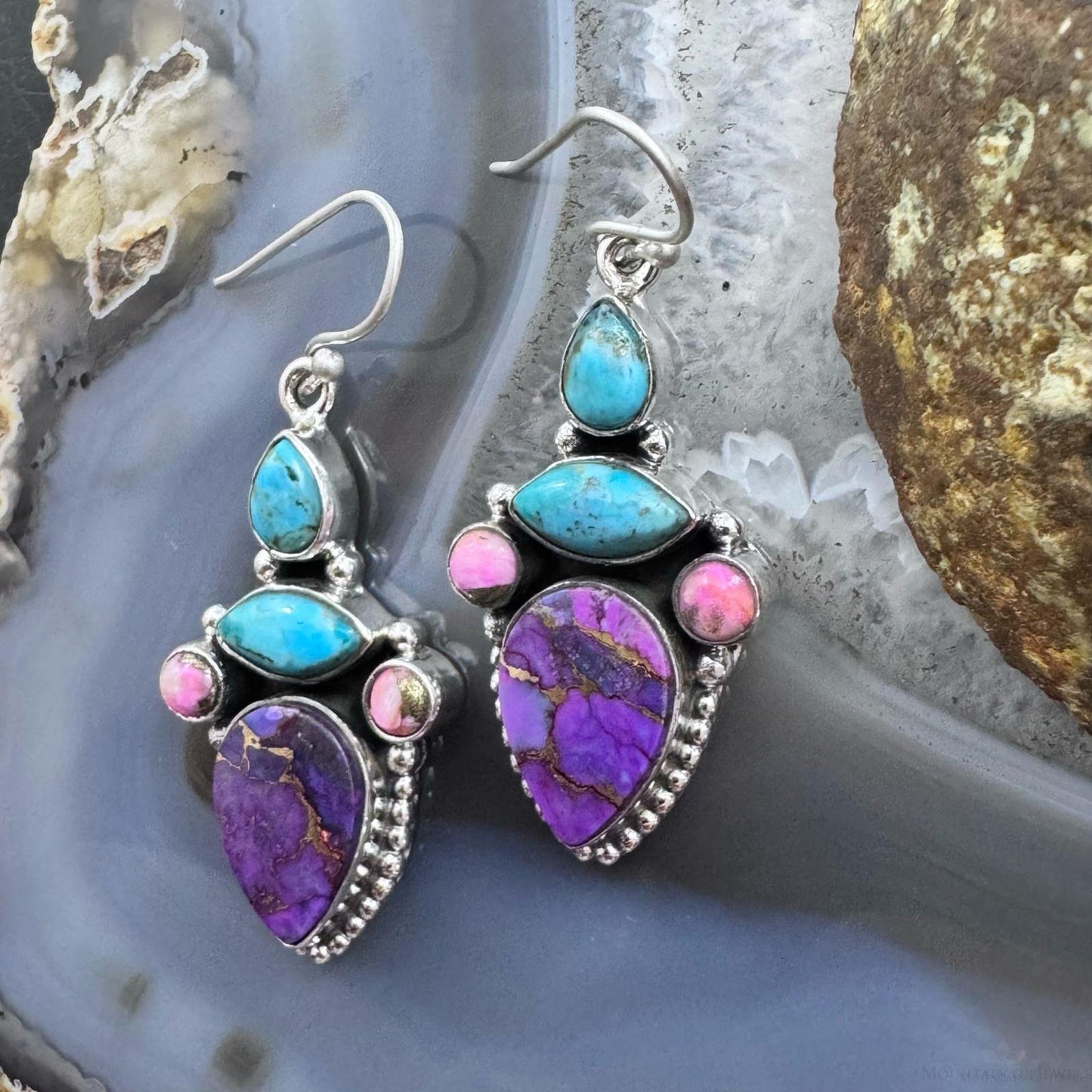 Sterling Silver Southwestern Style Turquoise, Pink & Purple Dahlia Dangle Earrings For Women