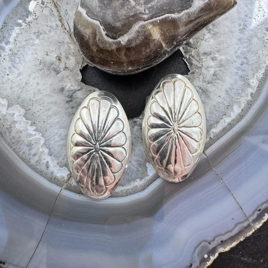 Native American Silver Stamped Flower Oval Post Earrings For Women