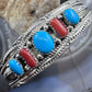 Signed Sterling Silver Native American Turquoise & Coral Row Bracelet For Women